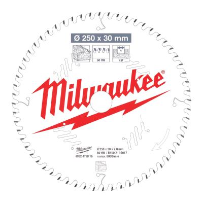 Пильный диск Milwaukee для торцовочной пилы по дереву 250x30x2.8x60